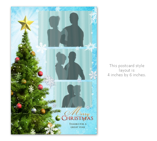 Christmas party photo booth layout with tree, star, snowflakes and ornaments