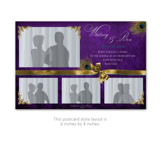 Elegant wedding photo booth layout in purple, gold, and peacock feathers with a bow.