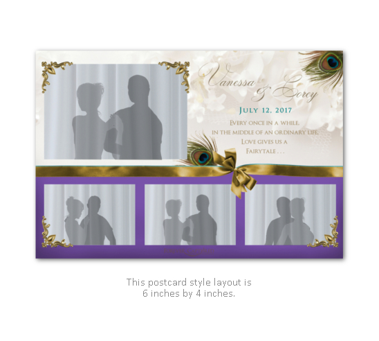 Peacock feather wedding photo booth layout in white, purple, and gold with a bow.