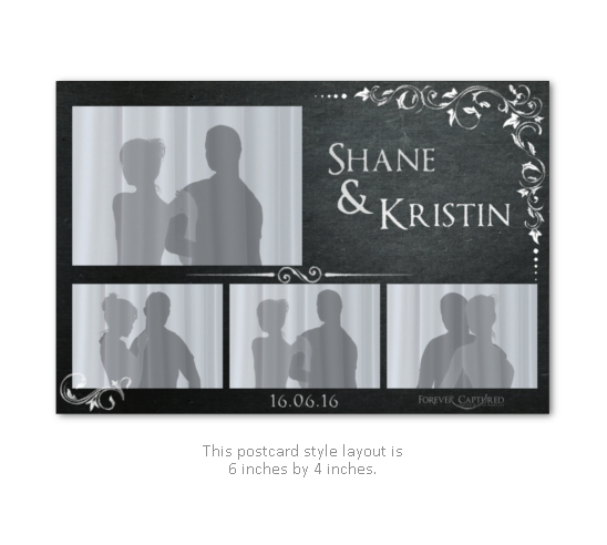 Vintage chalkboard wedding photo booth postcard strip layout.