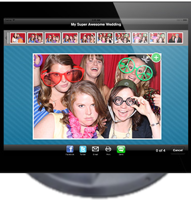 Close-up of the photo sharing kiosk screen that allow guests to share their photo booth pictures on social media.