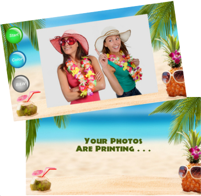 Photo booth screen shot examples from a Hawaiian themed party.