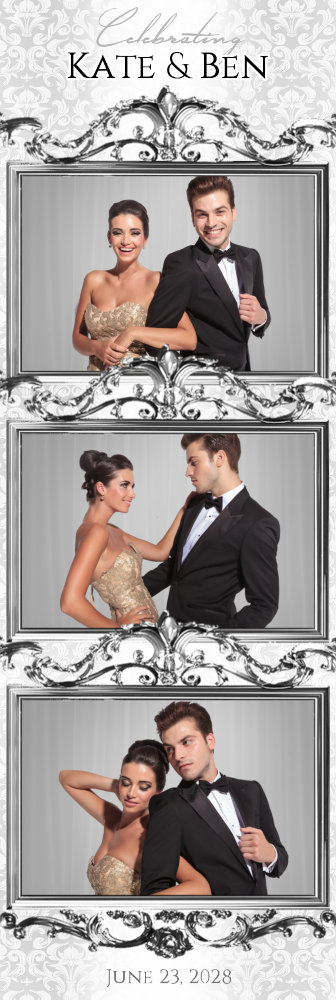 A sample, formal photo booth photostrip with ornate silver frames that looks super classy and elegant.