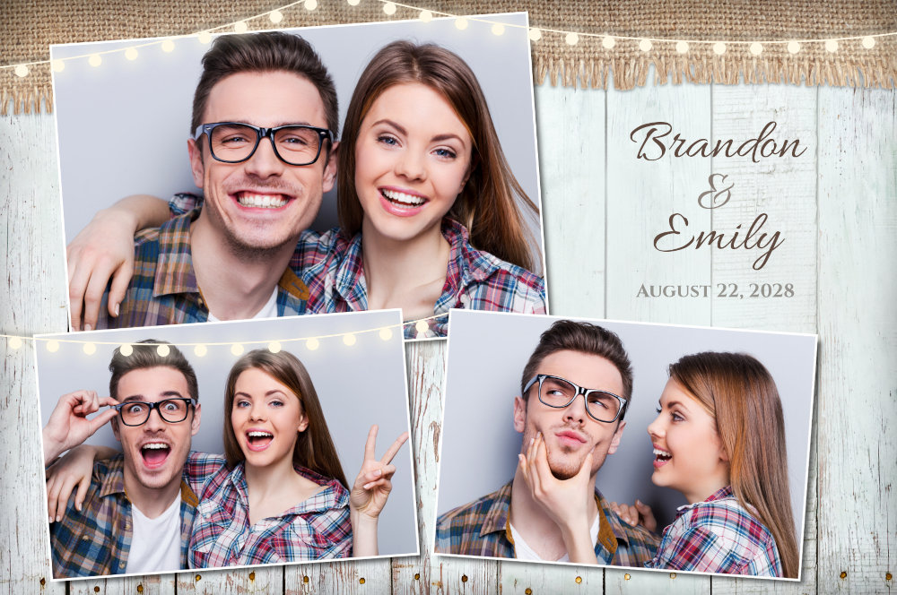 A sample rustic and photo booth print 6x4 postcard sized print with rough burlap and white wood paneling.