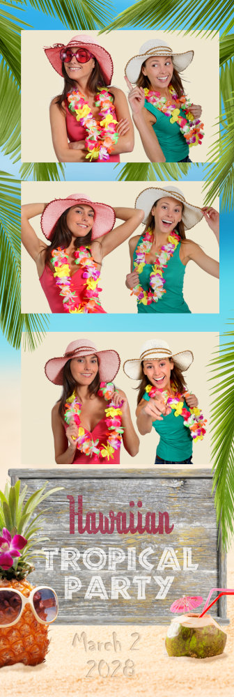 A sample tropical Hawaiian photostrip with palm trees, sand, a beach, pineapple, and a coconut drink.